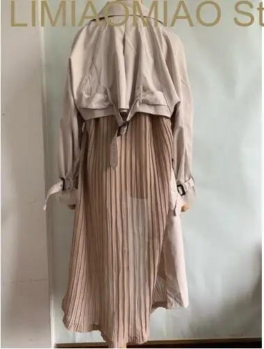 New korean japan style long spring summer trench coat pleated chiffon splice patchwork overcoat outerwear with belt