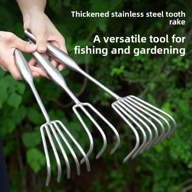 Stainl Steel Welded Handle Small Rake Garden Multi-Claw Loosen Soil Rake Seood Driving Garden Tool Metal Handheld 2