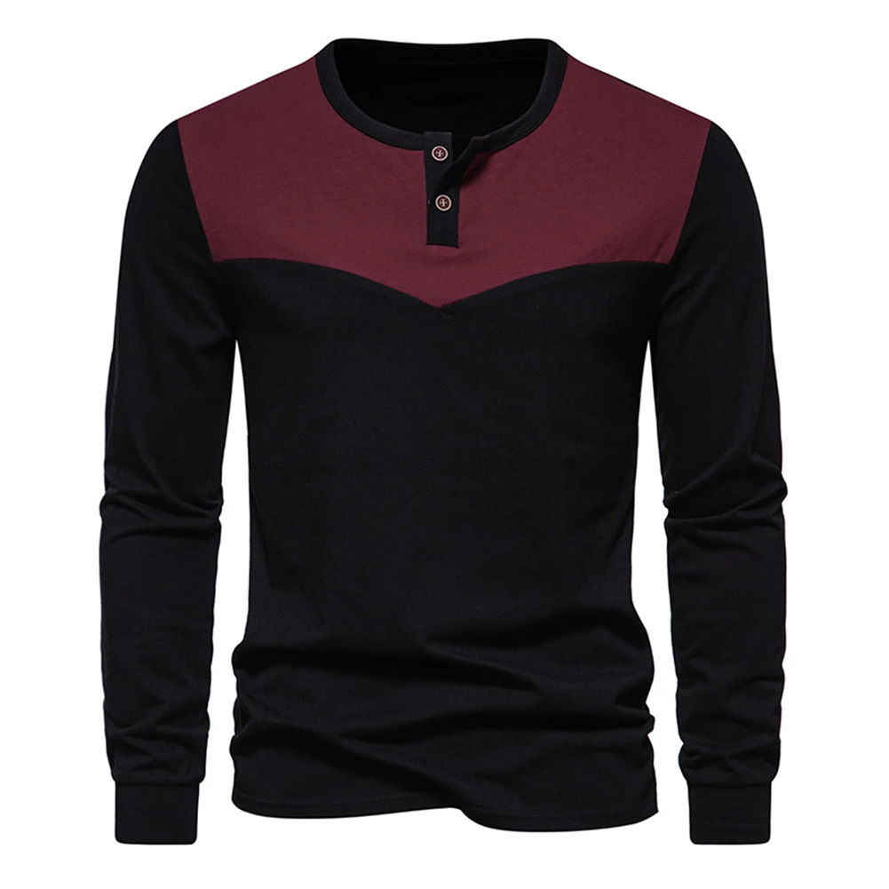 

New Autumn Men's Casual T-Shirts Colorblock Slim Fit Long Sleeve T-Shirt O-Neck Two Buttons Tee Tops Men Clothing
