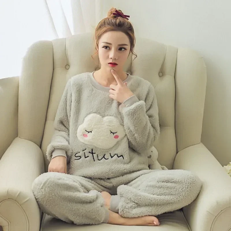 

Autumn Winter Flannel Women's Pajamas Sets Cute Pattern Printed Sleepwear Velvet Homewear Set Girl Pijamas Mujer Set Pyjama