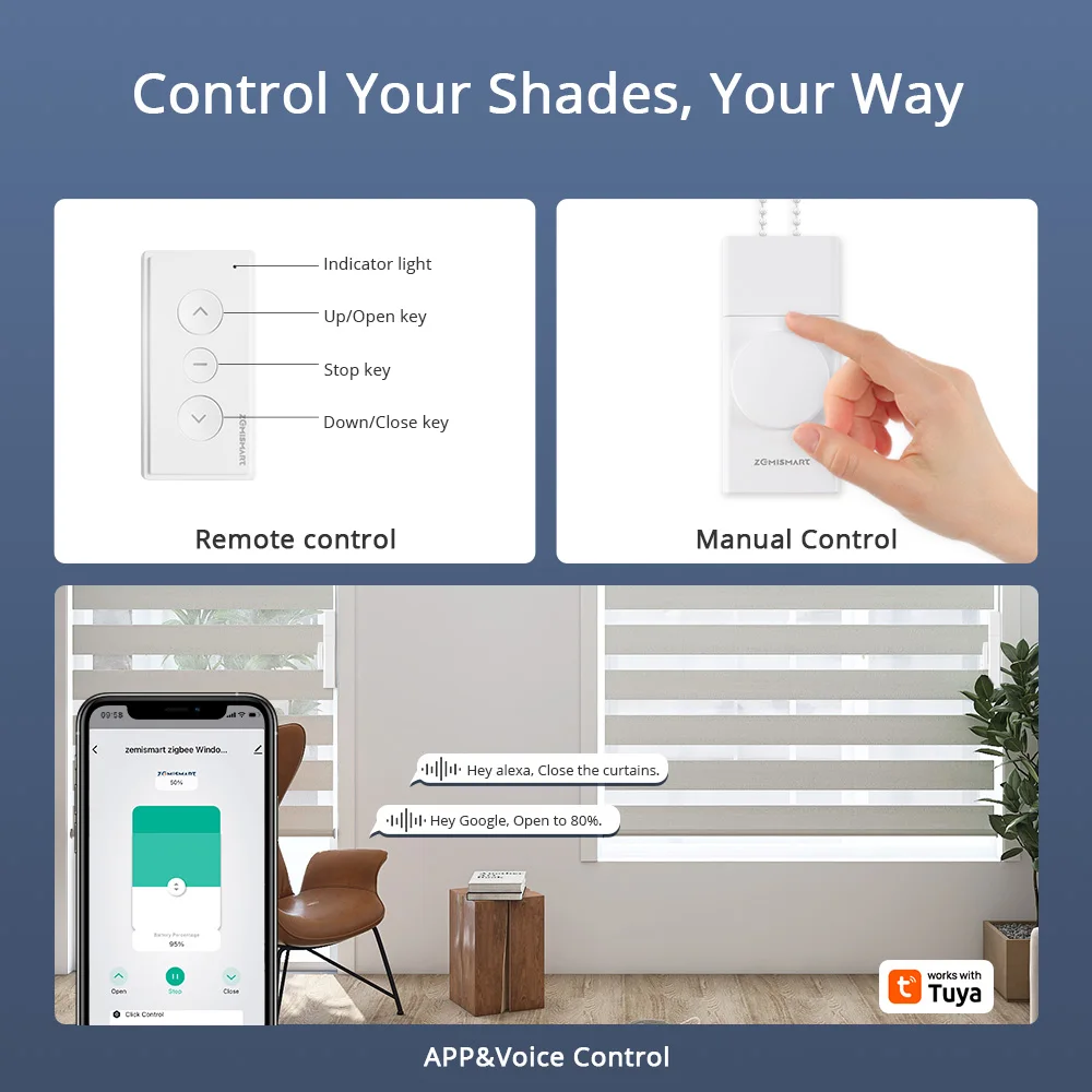 ZigBee 스마트 DIY 전동 체인 롤러 블라인드 드라이버(Tuya Zigbee 허브를 통해 충전식 전기 모터 Alexa Google 홈 음성)