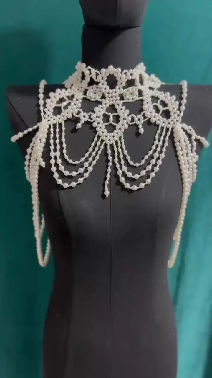 Body Chain A Perle Nere Con Catena Spalla, Lunghezza 125 Cm, Gioiello Fatto A Mano, Elegante Per Matrimoni E Spiaggia - 2