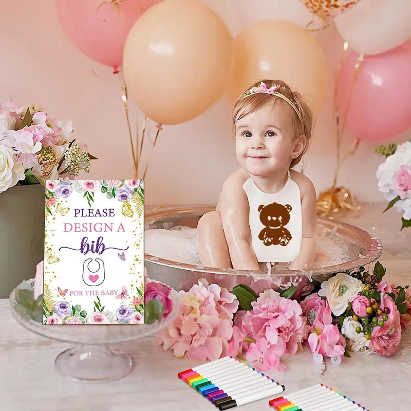 6-30 Sets Baby Shower Game Bibs Bodysuits Gender Reveal White Baby Boys Girl Bib Newborn Clothes Infant Fabric Marker Stencils 5