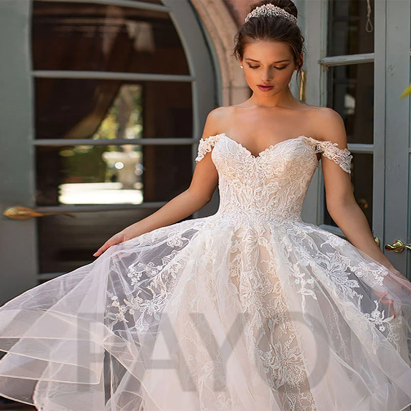 Luxury Wedding Dress Exquisite Appliques Crystal Off The Shoulder Ruched  Tiered Tulle Glitter Vestido De Novia For Women