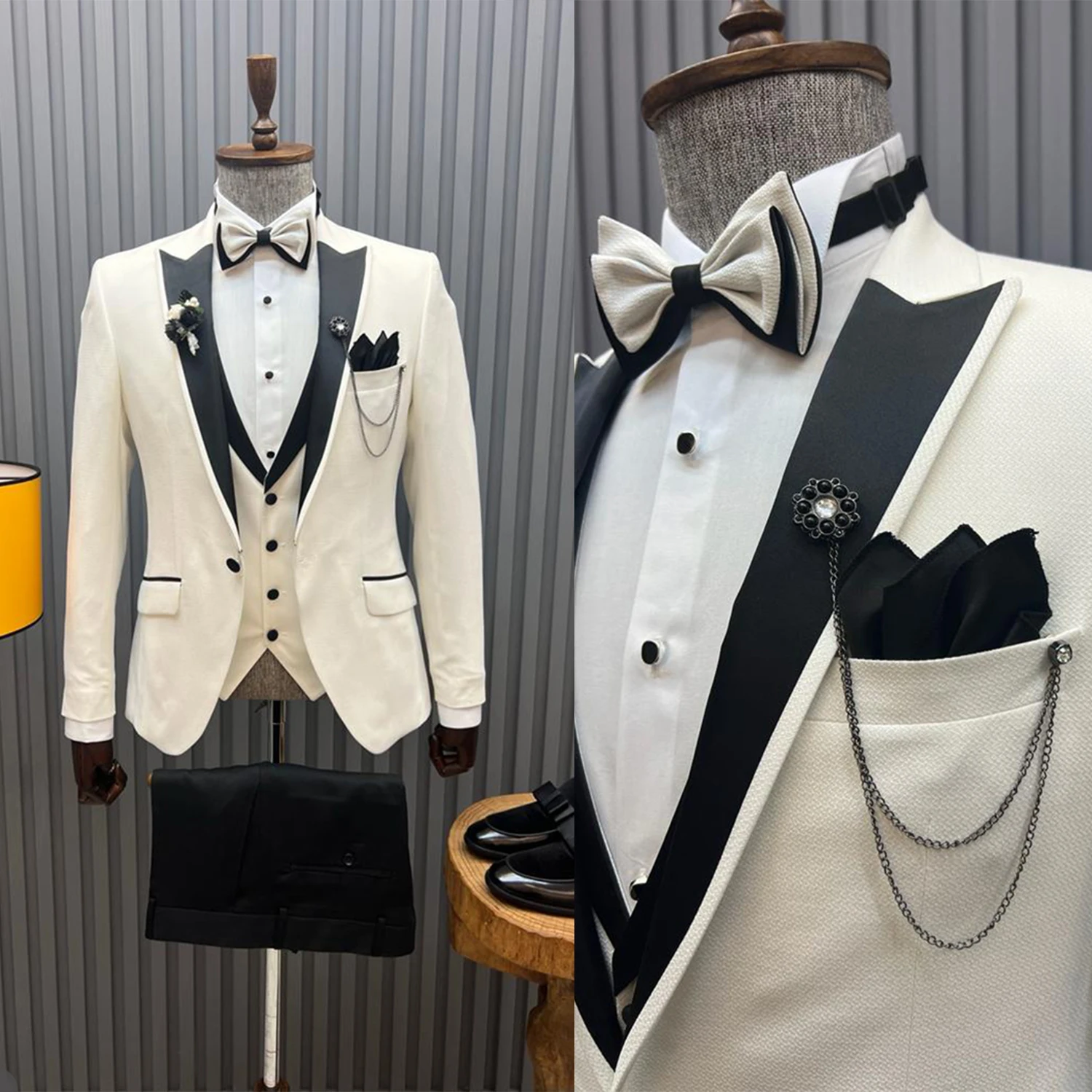 

Formal Men Suits Tuxedo Flat Peak Lapel Single Breasted Pockets 3 Pieces Blazers Jacket Pant Customized Prom Occasion Party