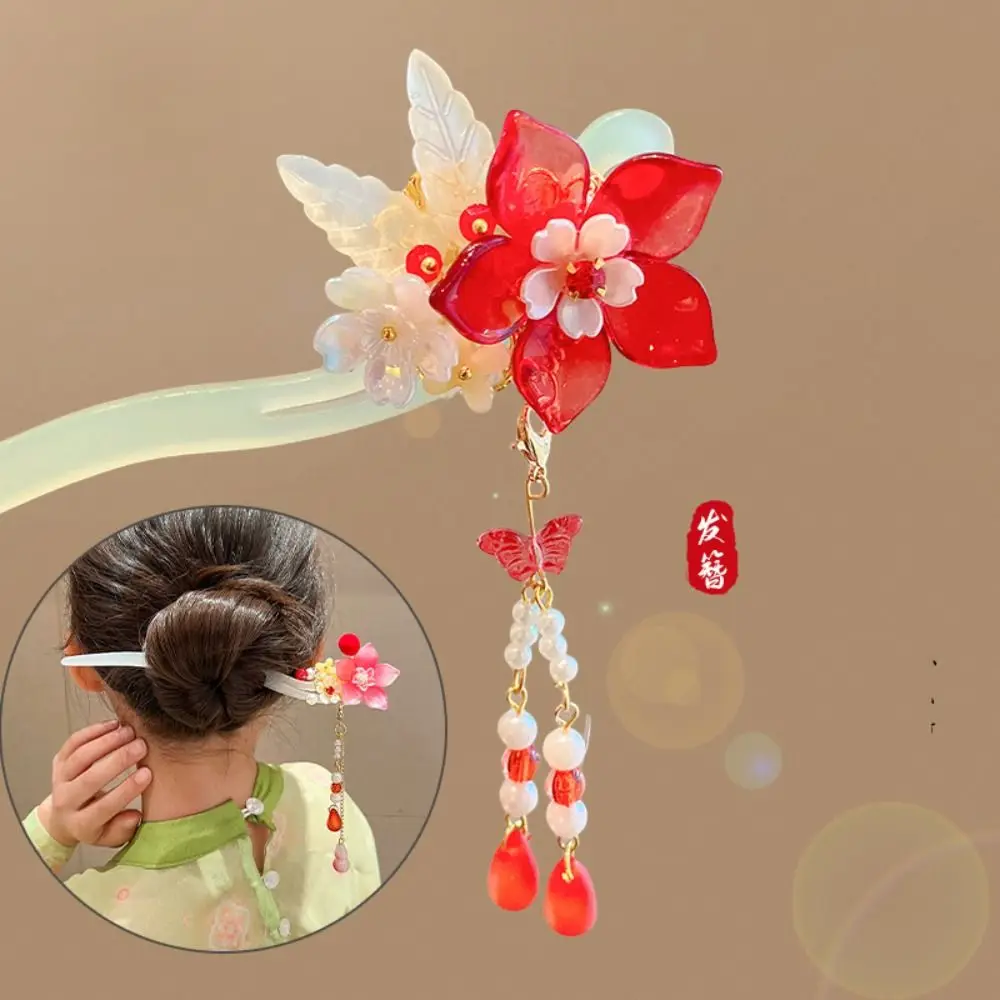 

Chinese Hanfu Headwear Flower Tassel Hair Stick Red Hairpin Exquisite Flower Hair Pin Girl Ancient Style Headpiece