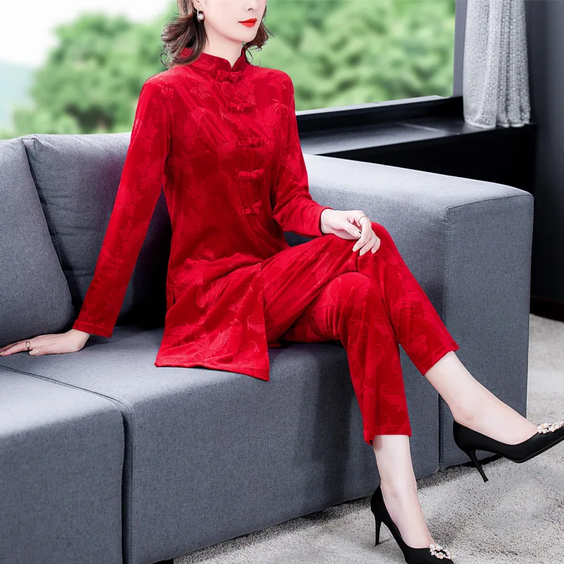 Tang Sui Chinese Style Women Gold Velvet New Year Clothing Spring Tops And Full Pants Two Piece Set Hanfu 5XL WD59