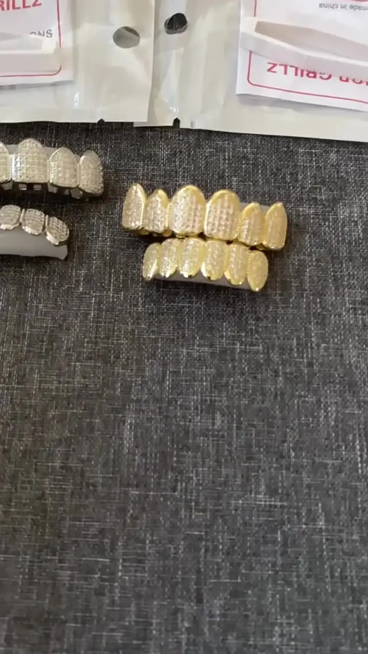 4-Piece Silver & GunMetal Plated Grillz Set - Top & Bottom Teeth With Molding Bars