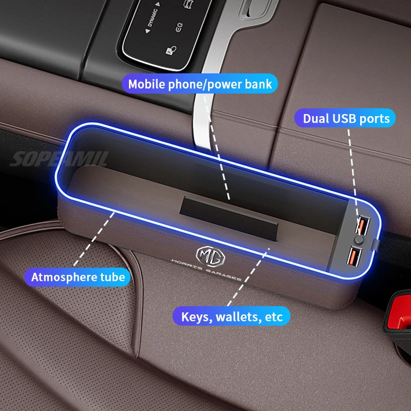 Car Seat Crevice Storage Box USB Charging Seat Gap Slot Mood lamp For MG ZS HS ES5 MG4 EV Electric S5 EV MG3 MG5 MG6 MG7 ONE EZS 5
