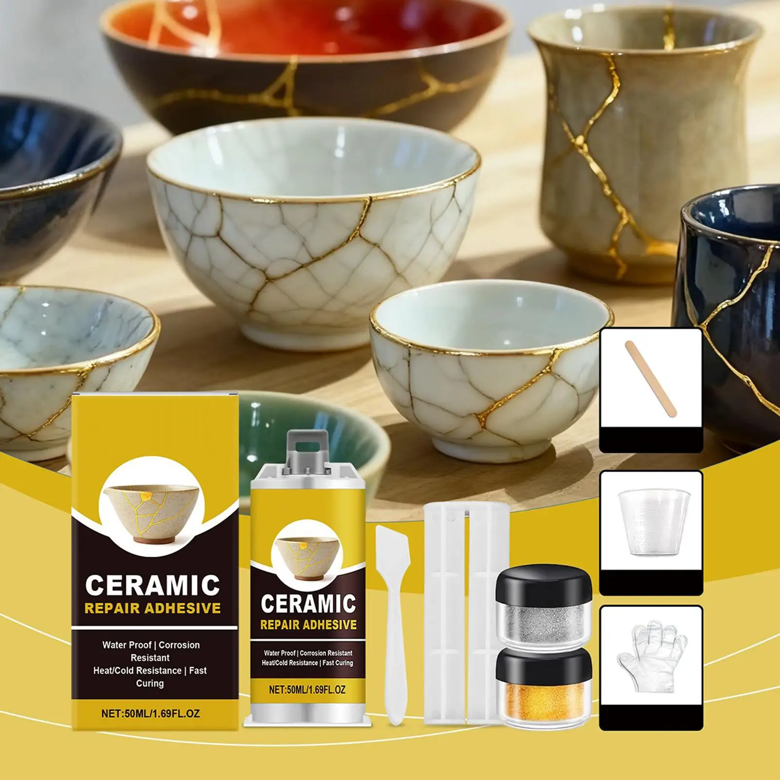 Ceramic Repair Kits Pottery Gold Repair Kit Adhesive Food Safe For Bathtub Vanity Plate Art Craft Figurines Sculptures