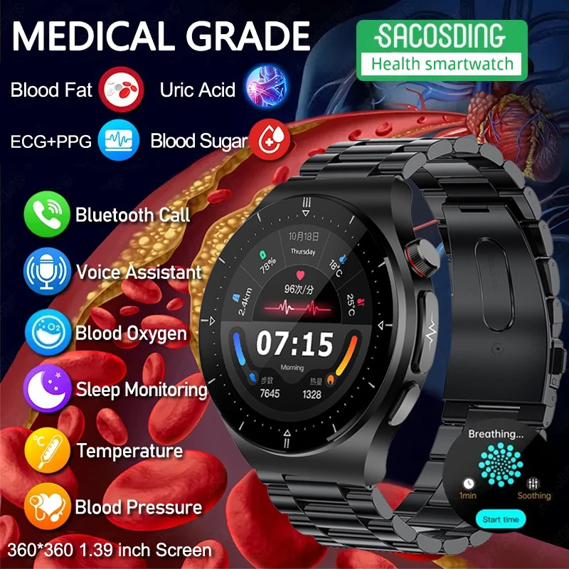 

Health Uric Acid Blood Lipid Smart Watch Men ECG+PPG+HRV Bluetooth Call Blood Sugar Blood Pressure Monitor Sports Smartwatch SOS