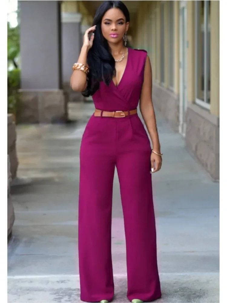 CPSYMYM Spring Summer New For Women's Solid Color Sexy Deep V Neck Jumpsuit Fashion Belt Waist Slim Fit Elegant Female Jumpsuit