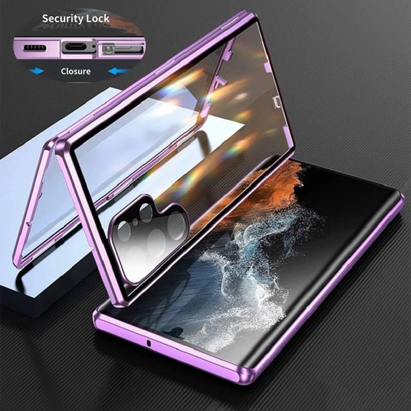 thumbnail image 1 of Funda de vidrio de doble cara de Metal con cierre a presión, protección completa 360 para Samsung Galaxy S24, S23, S22 Ultra, S23FE 23 +, cubierta de protección de lente, 1 of 4