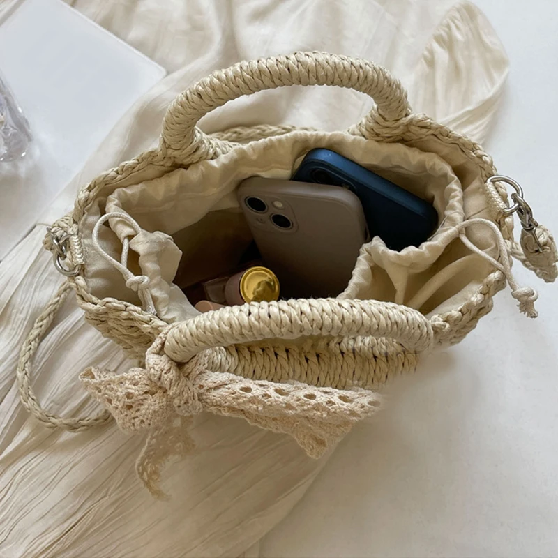 Straw Bags for Women Moon shaped Handbags Summer Rattan Shoulder Bags Handmade Knitted Storge Small Totes Bag 2024 New