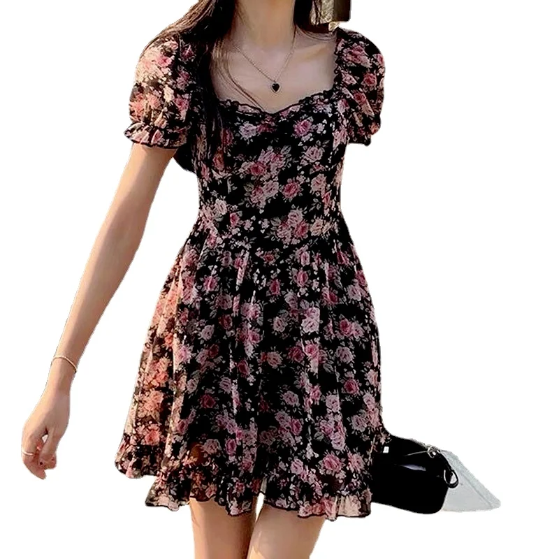 

A-line Dresses Women Above-knee Printing Short Puff Sleeve Preppy Style Stylish Baggy High Waist Students Girl Tender