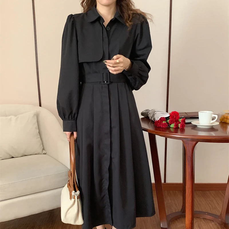 

Winter Women Tum-Down Dress Harajuku Casual Solid Long Sleeve Dresses Ladies Vintage Belt Single Breasted Vestidos Female