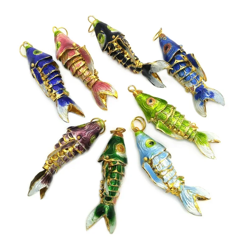 

5pcs Wiggle Like Real Fish Chinese Cloisonne Mixed Colors About 45mm White Blue Green Carp Fish Necklace Pendants