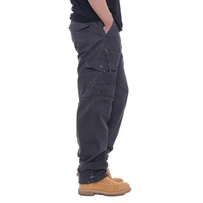 thumbnail image 1 of Mono de algodón sencillo, pantalones informales para hombre, cintura elástica, pantalones con múltiples bolsillos de talla grande, 1 of 5