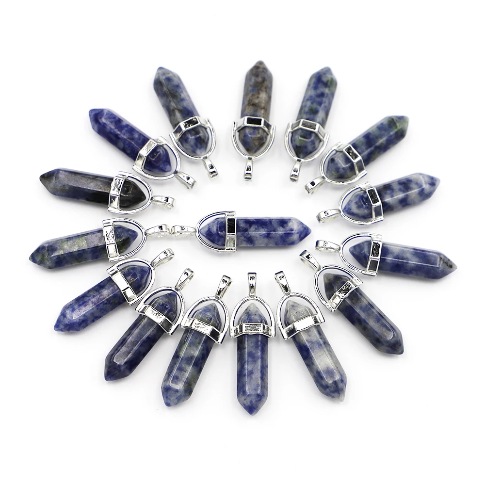 Hot Selling Natural Stone Sodalite Hexagonal Pillar Pendants Column Female Charms Necklace for Women DIY Jewelry Making 24Pcs