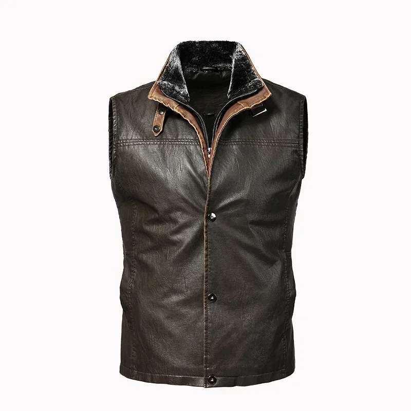 

Autumn Winter Leather Vests Jacket Men PU Sleeveless Coats Slim Retro Biker Motorcycle Jackets Mens Winter Fleece Lapel Vest