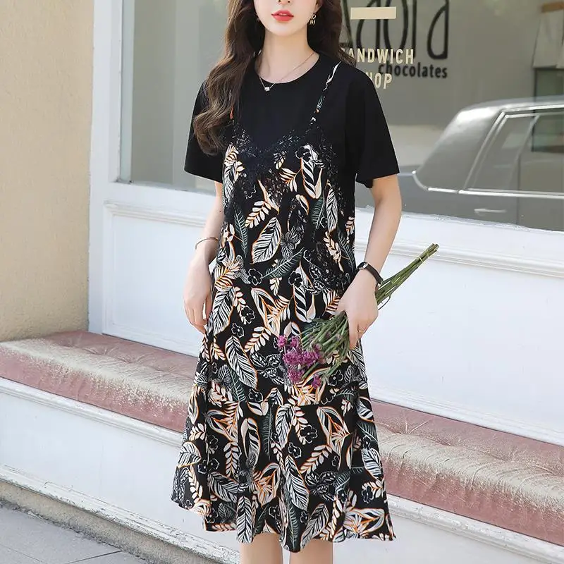 

Summer Vacation Fake 2 Piece Chiffon Dress Women Casual O Neck Leaf Print Short Sleeve Lace Stitching Ruffles Loose Midi Dresses