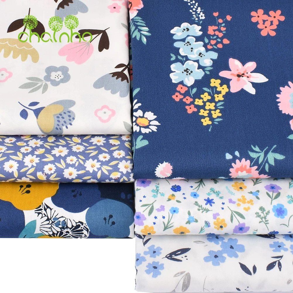 Chainho,Printed Twill Weave Cotton Fabric,DIY Sewing Quilting Material,Patchwork Cloth,Blue Floral Series,2 Specification,15C196