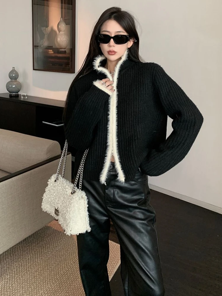 

Deeptown Vintage Zipper Knitted Cardigan Women Y2K Old Money Oversized Cropped Sweater Korean Luxury Contrast Autumn Outerwear
