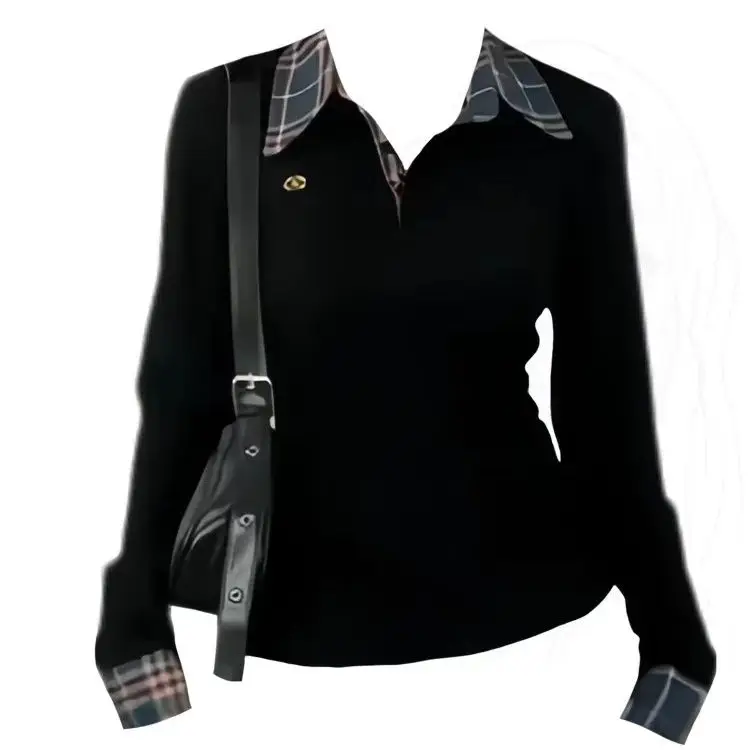 Black (embroidered plaid polo collar)