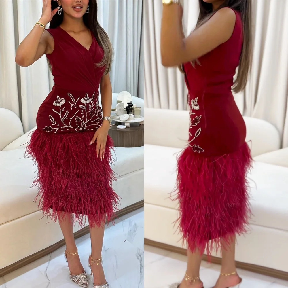 

Jersey Feather Flower Sequined Beading Ruched Valentine's Day A-line V-neck Bespoke Occasion Gown Midi Dresses