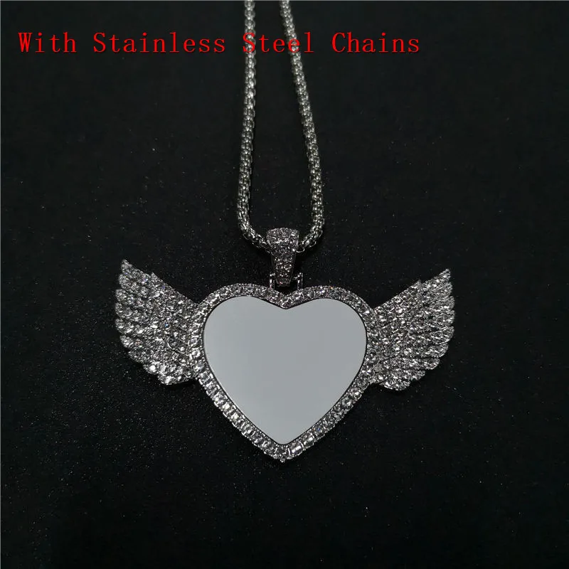 sublimation blank heart wings necklaces pendants with stainless steel chains  jewelry consumables 10pcs/lot 3