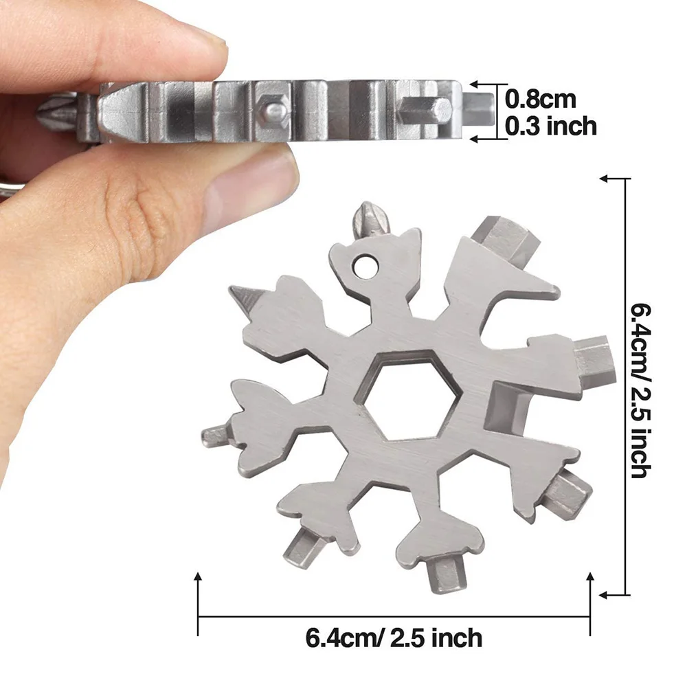 18-in-1 Multi Function Keychain Tool Stainless Steel Snowflakes Herramienta 18 En 1 Multifunctional Copo De Nieve Llave Multiusos