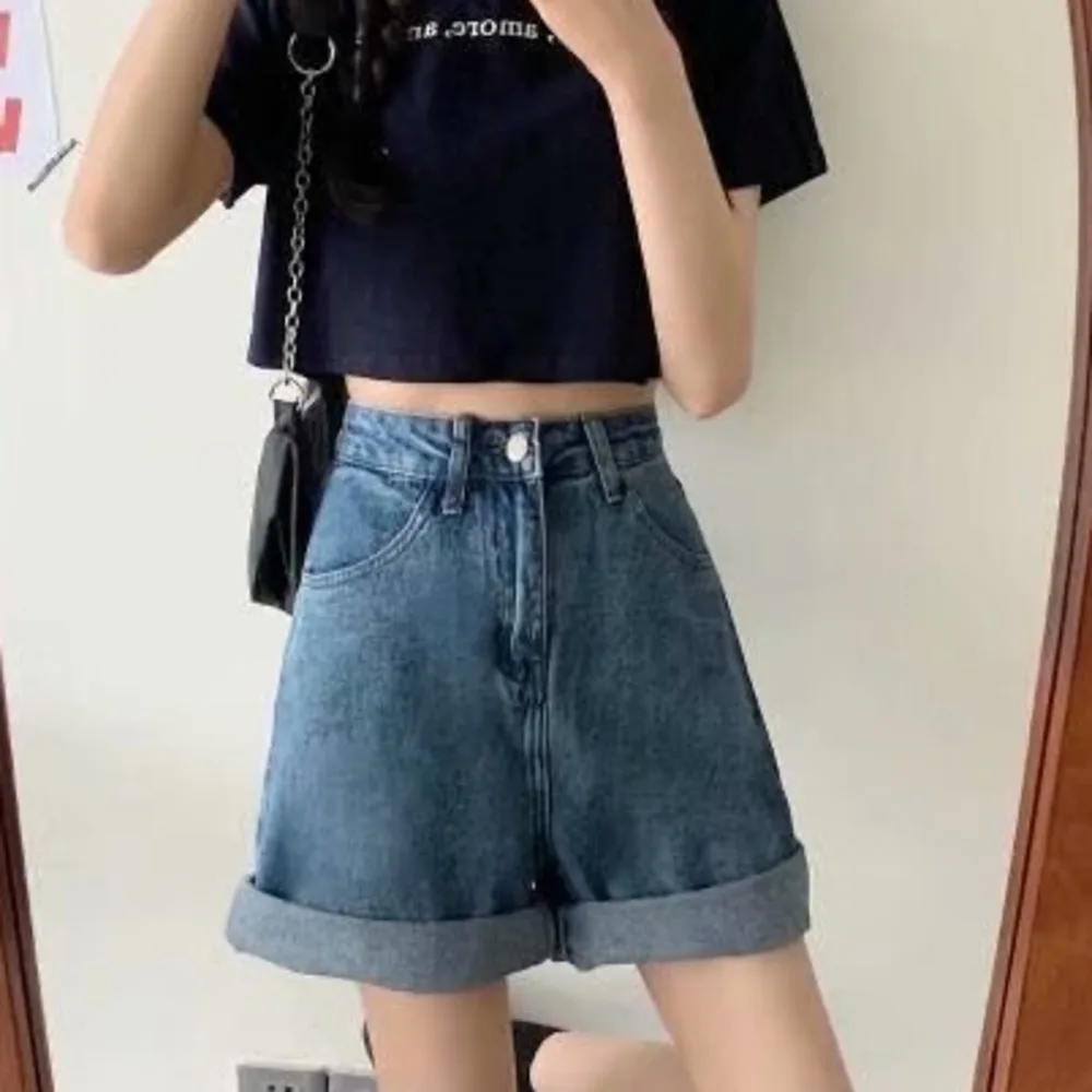 

Feynzz Fashion New Summer Women High Waist Button Wigh Leg Jeans Shorts Casual Female Loose Fit Blue Denim Shorts