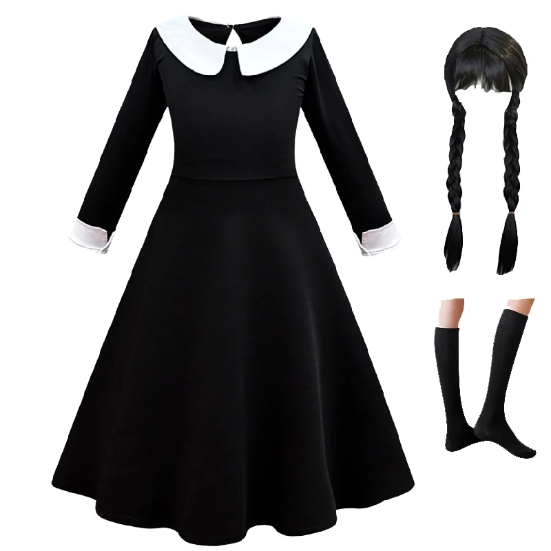 

New Wednesday Black Girls Polo Long Sleeve Dress 2023 New Fashion Role Playing Prom Princess Dress 3-12T Girls' Dress
