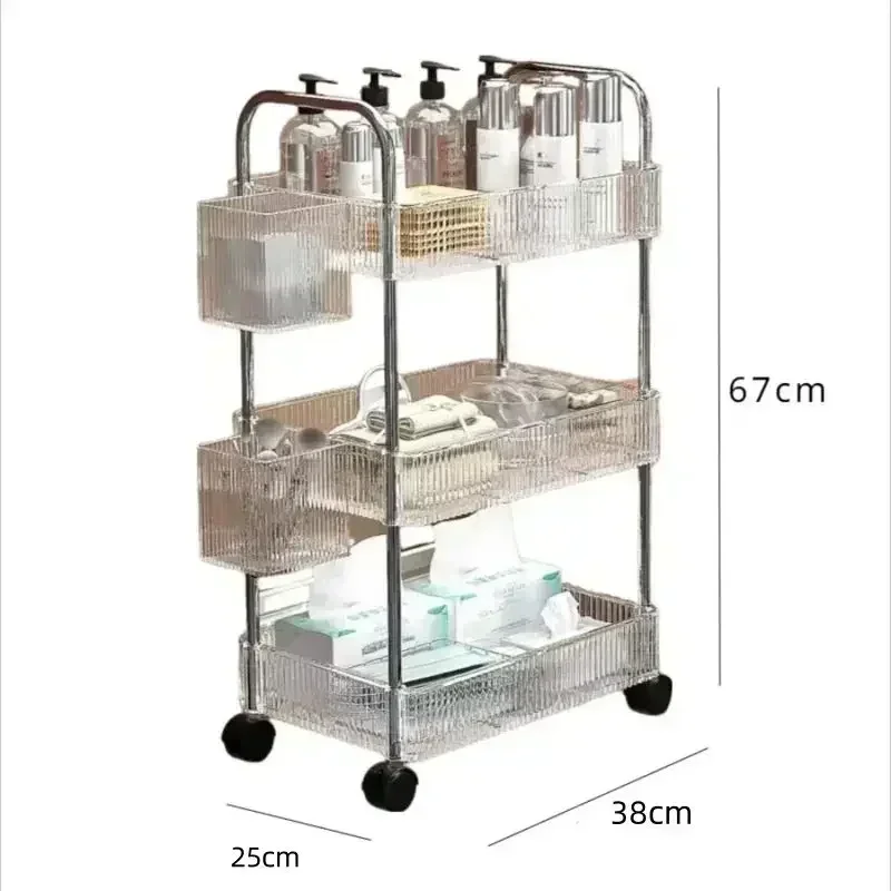 Acrylic multi-layer trolley storage racks, suitable for storing snacks, toys, baby products, sundries and other items.