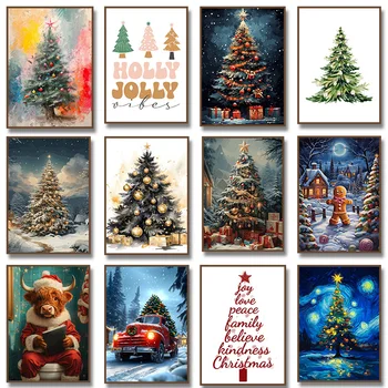 Christmas Tree and Santa Claus Poster Winter Farmhouse Scenery Bird Wall Art Canvas Painting Modern Living Room Holiday Decor