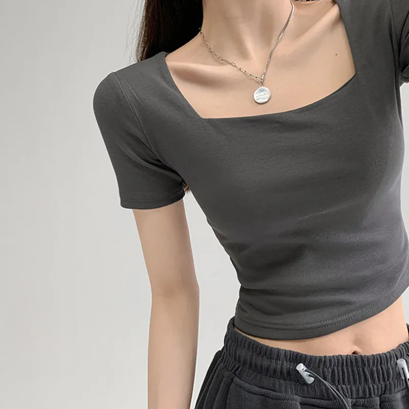 

2024 Summer New Arrivals Cropped Tops Woman Korean Fashion Y2K T-shirt Women Vintage V-neck Sexy Tee Shirt Femme Skinny Clohtes