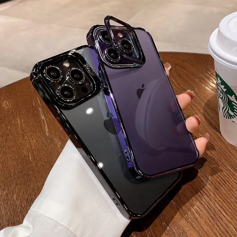 14 Phone Case All-in-One Mirror Guard Stand 15promax Protective Case Electroplated Transparent 13 Full Cover Lens Film 12 15proa