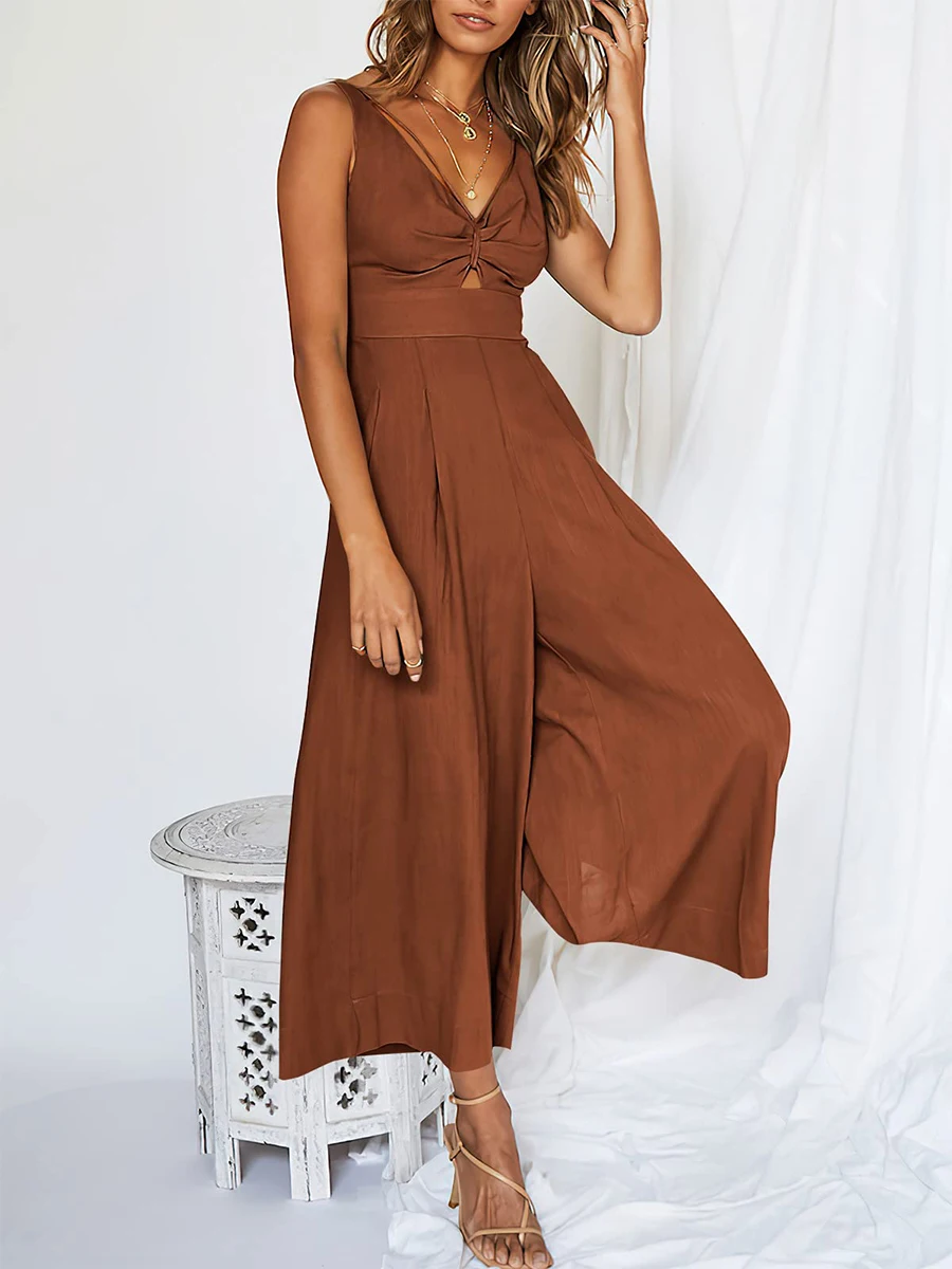 Women's Adjustable Straps Jumpsuits High Waist Smocked Cutout Loose Rompers Open Back V Neck Wide Leg Jumpsuits with Pockets