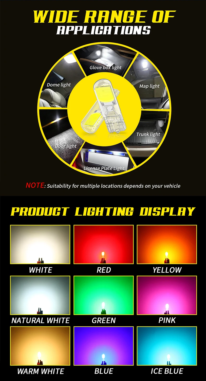 2X T10 W5W 194 T15 W16W LED Bulbs Reading Lights COB Auto Brake Lamp Glass Sapphire Drive-free Dome Light Amber 12V White 6000K