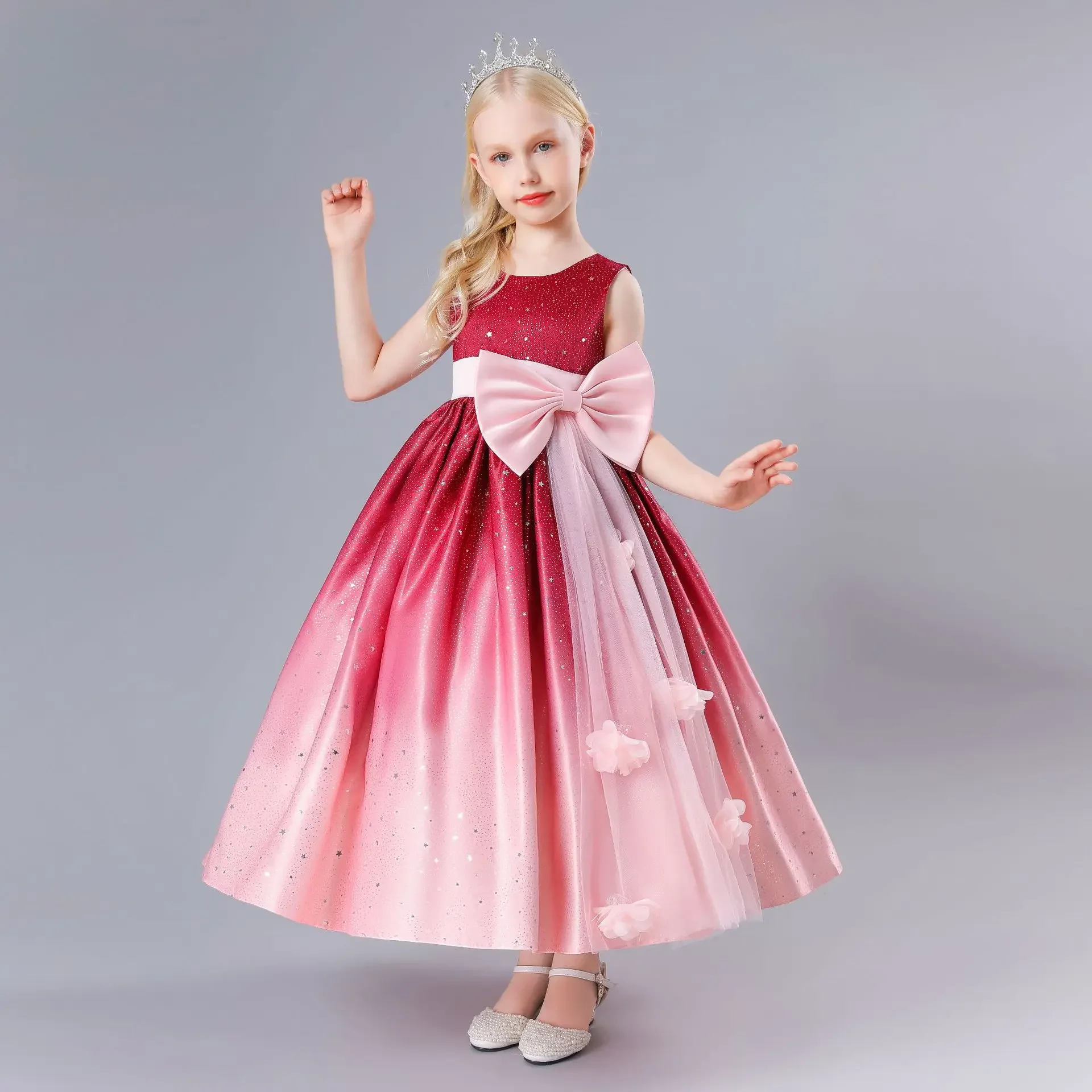 

2024 Christmas Evening New Fashion Big Bow Flower Little Girls Banquet Party Long Dresses For Girls Princess Dress Red 3 to 12Y