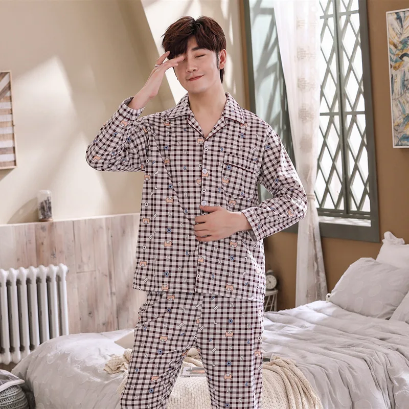 Autumn Winter Men's Knitted Cotton Pajamas Lapel Long Sleeve Cardigan Large Size Loose Printed Home Clothing Set