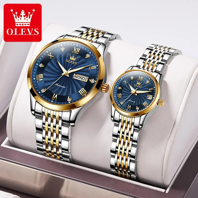 OLEVS Couple Watch Roman Diamond Scale Dual Calendar Cyclone Dial Automatic Mechanical Watch for Men Women Sets Gift 6630 1
