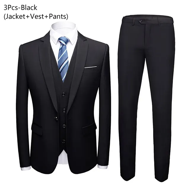 Wedding Suit For Men Set Elegant Blazers Formal 3 Pieces Full Jackets Vest Pants Classic Business Coats 2024 Free Shipping - Black 3-piece suit, XXL (67-72KG)