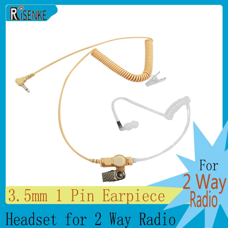 RISENKE-Acoustic Tube Headset for 2 Way Radio,1 Pin Surveillance Kit,Listen-Only Earpiece, Earphone, Walkie Talkie, Beige, 3.5mm