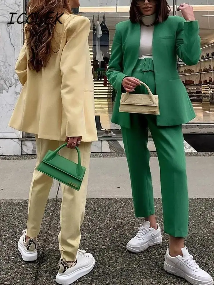 Icclek Women's Suit Green Trouser Suits With Belt Woman 2 Pieces Office