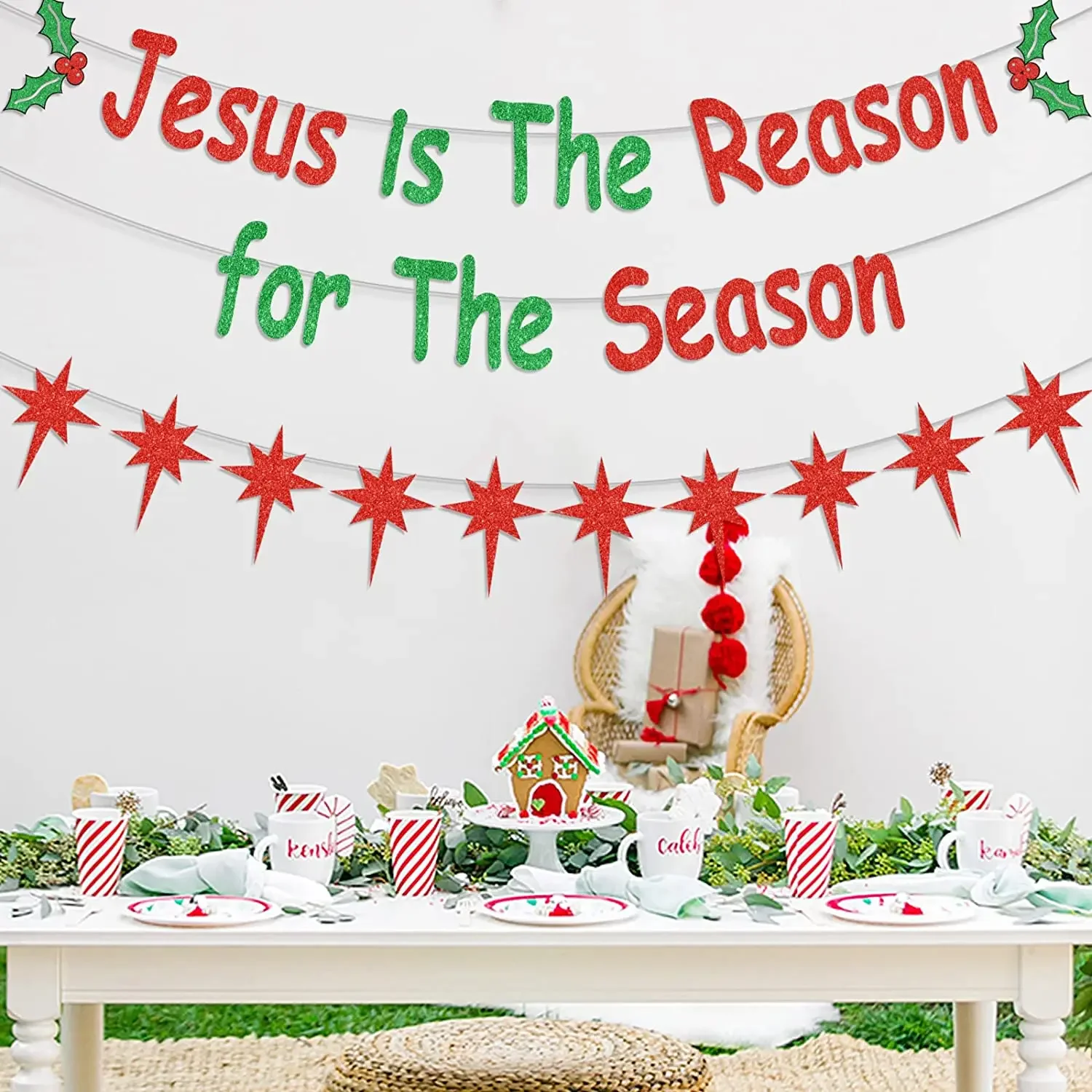 

Christmas Jesus Is The Reason for The Season Red Green Funny Banner for Christmas Home Office Fireplace Xmas Decoration Outdoor