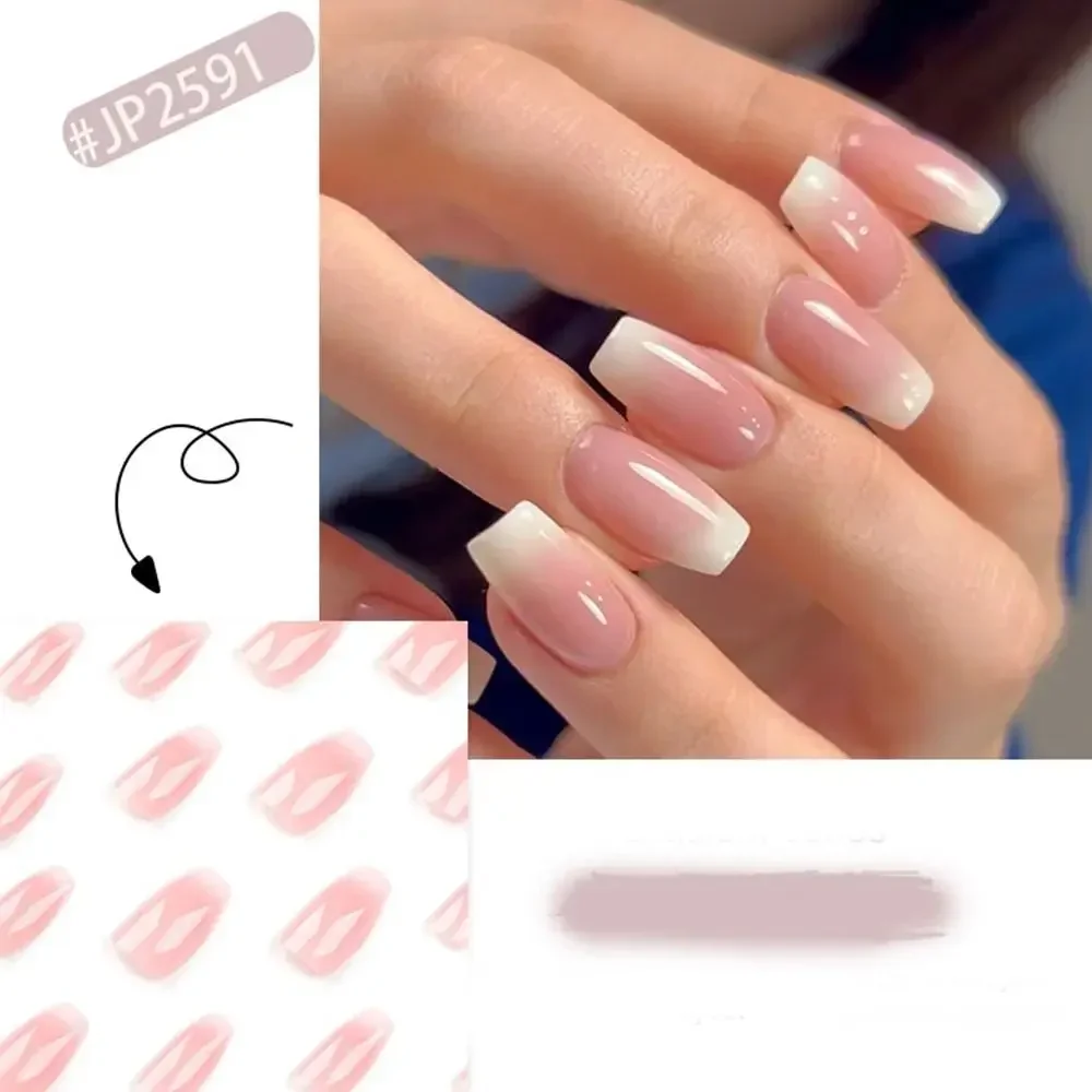New Long Ballerina False Nails French Crystal Aurora Gradient Pink White Nail Tips Detachable Full Cover Fake Nails Women Girls