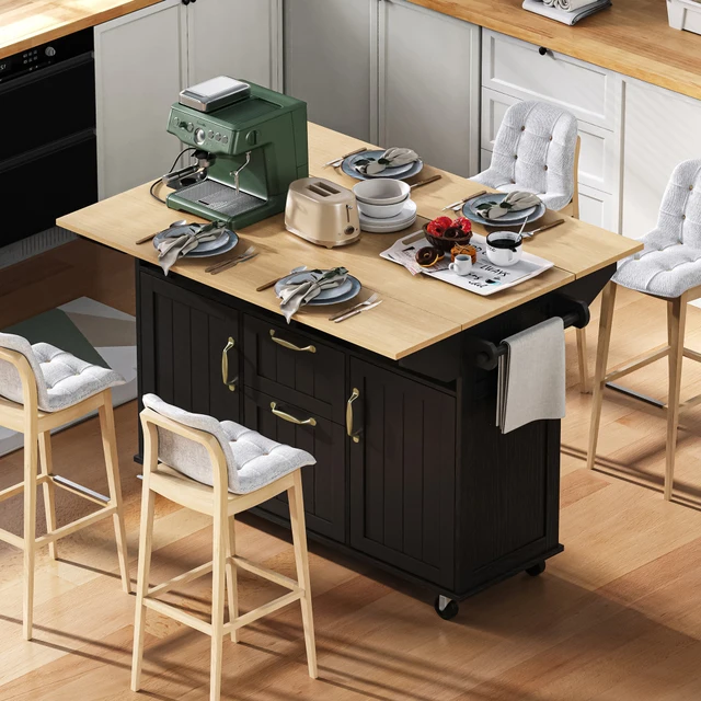 Îlot de cuisine mobile sur roulettes, table extensible et pliable, chariot de cuisine avec tiroirs et prises USB AC, meuble de rangement multifonction pour cuisine et salle à manger 1