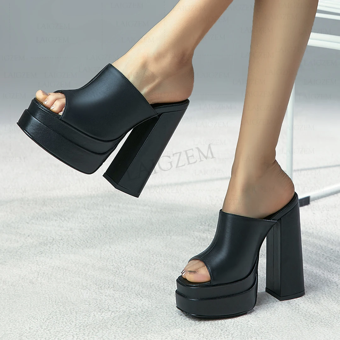 

LAIGZEM Women Pumps Real Leather Peep Toe Block High Heels Sandals Platform Height Increase Ladies Shoes Woman Size 33 36 39 41