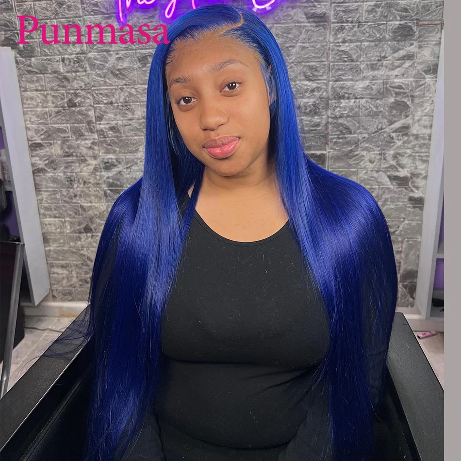 

Punmasa Bone Straight Dark Blue Colored 13x6 Lace Frontal Wigs 5x5/13x4 Transaprent Lace Wig PrePlucked 200% Density 34 Inches